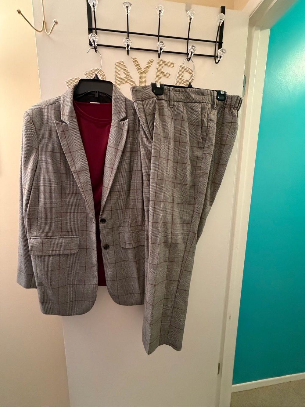 Athletic Works Gray Windowpane Pantsuit with Burgundy Accents